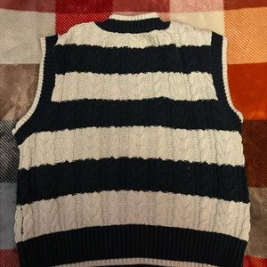 white and navy blue striped sweater vest
